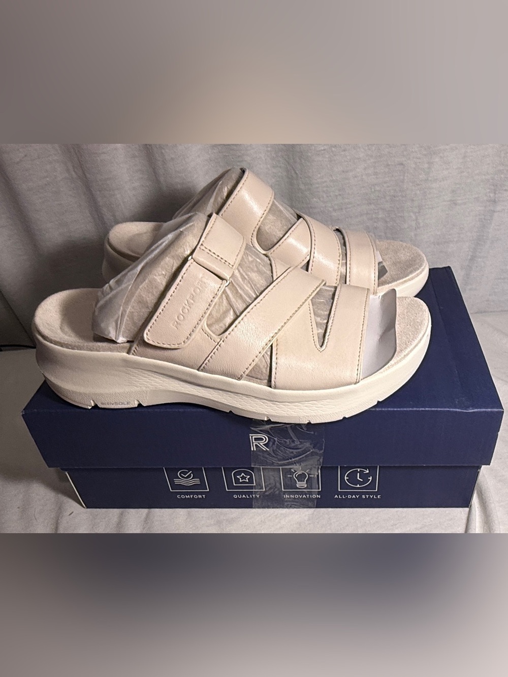 NEW NIB Rockport Qwyn Womens Ivory Leather Comfort Slide Sandals Size 5.5 Shoes